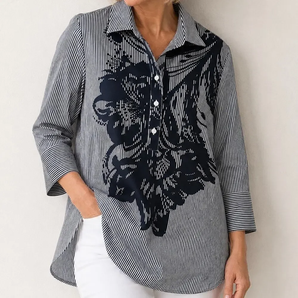 CHICO’S | Navy Blue & White Stripe Floral Print‎ Button Front Tunic | Large